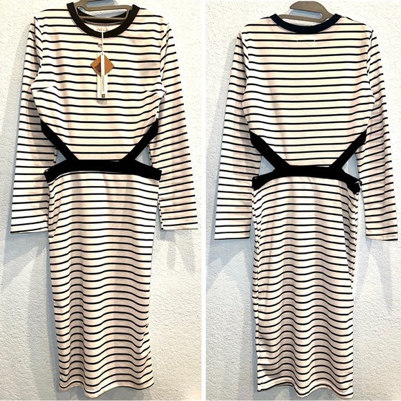 NEW WITH TAG Gumuxi Black and White Striped Midi Dress, Size M - Picture 2 of 10